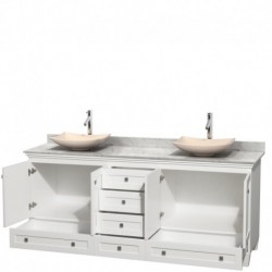 80 inch Double Bathroom Vanity in White, White Carrera Marble Countertop, Arista Ivory Marble Sinks, and No Mirrors