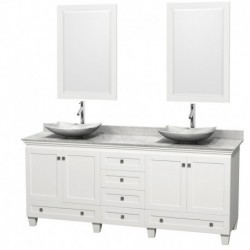 80 inch Double Bathroom Vanity in White, White Carrera Marble Countertop, Arista White Carrera Marble Sinks, and 24 inch Mirror