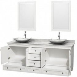 80 inch Double Bathroom Vanity in White, White Carrera Marble Countertop, Arista White Carrera Marble Sinks, and 24 inch Mirror