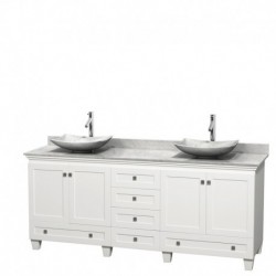 80 inch Double Bathroom Vanity in White, White Carrera Marble Countertop, Arista White Carrera Marble Sinks, and No Mirrors