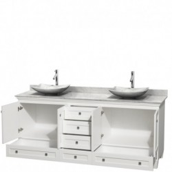 80 inch Double Bathroom Vanity in White, White Carrera Marble Countertop, Arista White Carrera Marble Sinks, and No Mirrors