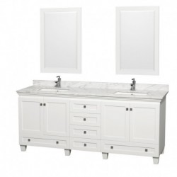 80 inch Double Bathroom Vanity in White, White Carrera Marble Countertop, Undermount Square Sinks, and 24 inch Mirrors