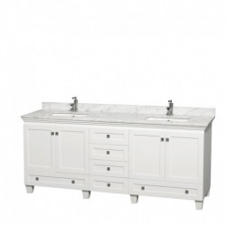 80 inch Double Bathroom Vanity in White, White Carrera Marble Countertop, Undermount Square Sinks, and No Mirrors