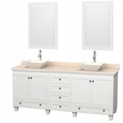 80 inch Double Bathroom Vanity in White, Ivory Marble Countertop, Pyra Bone Porcelain Sinks, and 24 inch Mirrors