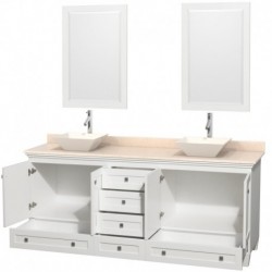 80 inch Double Bathroom Vanity in White, Ivory Marble Countertop, Pyra Bone Porcelain Sinks, and 24 inch Mirrors