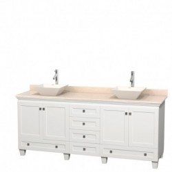 80 inch Double Bathroom Vanity in White, Ivory Marble Countertop, Pyra Bone Porcelain Sinks, and No Mirrors