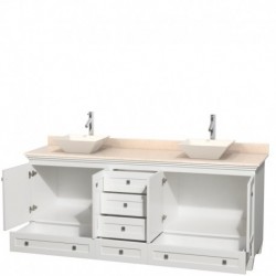 80 inch Double Bathroom Vanity in White, Ivory Marble Countertop, Pyra Bone Porcelain Sinks, and No Mirrors