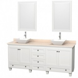 80 inch Double Bathroom Vanity in White, Ivory Marble Countertop, Pyra White Porcelain Sinks, and 24 inch Mirrors