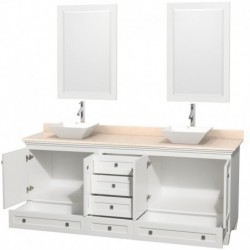 80 inch Double Bathroom Vanity in White, Ivory Marble Countertop, Pyra White Porcelain Sinks, and 24 inch Mirrors