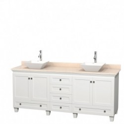 80 inch Double Bathroom Vanity in White, Ivory Marble Countertop, Pyra White Porcelain Sinks, and No Mirrors