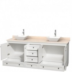 80 inch Double Bathroom Vanity in White, Ivory Marble Countertop, Pyra White Porcelain Sinks, and No Mirrors