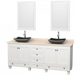 80 inch Double Bathroom Vanity in White, Ivory Marble Countertop, Altair Black Granite Sinks, and 24 inch Mirrors