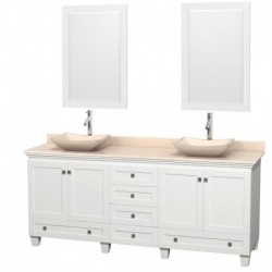 80 inch Double Bathroom Vanity in White, Ivory Marble Countertop, Avalon Ivory Marble Sinks, and 24 inch Mirrors