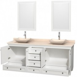 80 inch Double Bathroom Vanity in White, Ivory Marble Countertop, Avalon Ivory Marble Sinks, and 24 inch Mirrors