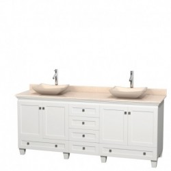 80 inch Double Bathroom Vanity in White, Ivory Marble Countertop, Avalon Ivory Marble Sinks, and No Mirrors