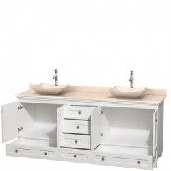 80 inch Double Bathroom Vanity in White, Ivory Marble Countertop, Avalon Ivory Marble Sinks, and No Mirrors