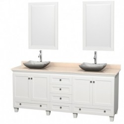 80 inch Double Bathroom Vanity in White, Ivory Marble Countertop, Avalon White Carrera Marble Sinks, and 24 inch Mirrors