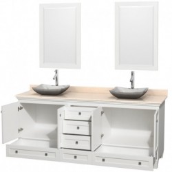 80 inch Double Bathroom Vanity in White, Ivory Marble Countertop, Avalon White Carrera Marble Sinks, and 24 inch Mirrors