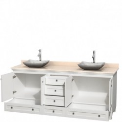 80 inch Double Bathroom Vanity in White, Ivory Marble Countertop, Avalon White Carrera Marble Sinks, and No Mirrors