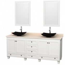 80 inch Double Bathroom Vanity in White, Ivory Marble Countertop, Arista Black Granite Sinks, and 24 inch Mirrors