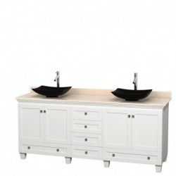 80 inch Double Bathroom Vanity in White, Ivory Marble Countertop, Arista Black Granite Sinks, and No Mirrors