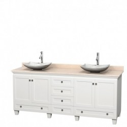 80 inch Double Bathroom Vanity in White, Ivory Marble Countertop, Arista White Carrera Marble Sinks, and No Mirrors