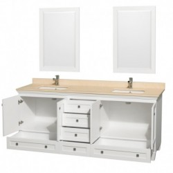 80 inch Double Bathroom Vanity in White, Ivory Marble Countertop, Undermount Square Sinks, and 24 inch Mirrors