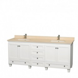 80 inch Double Bathroom Vanity in White, Ivory Marble Countertop, Undermount Square Sinks, and No Mirrors