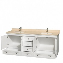 80 inch Double Bathroom Vanity in White, Ivory Marble Countertop, Undermount Square Sinks, and No Mirrors