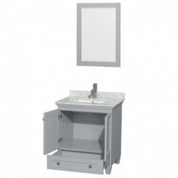 30 inch Single Bathroom Vanity in Oyster Gray, White Carrera Marble Countertop, Undermount Square Sink, and 24 inch Mirror