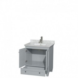 30 inch Single Bathroom Vanity in Oyster Gray, White Carrera Marble Countertop, Undermount Square Sink, and No Mirror