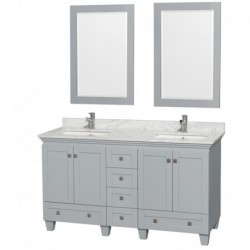 60 inch Double Bathroom Vanity in Oyster Gray, White Carrera Marble Countertop, Undermount Square Sinks, and 24 inch Mirrors
