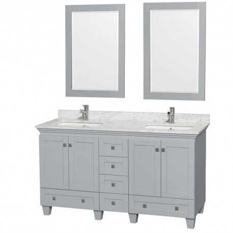 60 inch Double Bathroom Vanity in Oyster Gray, White Carrera Marble Countertop, Undermount Square Sinks, and 24 inch Mirrors