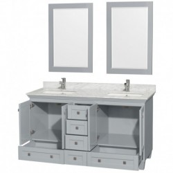 60 inch Double Bathroom Vanity in Oyster Gray, White Carrera Marble Countertop, Undermount Square Sinks, and 24 inch Mirrors