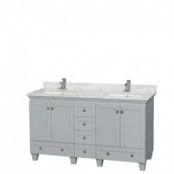 60 inch Double Bathroom Vanity in Oyster Gray, White Carrera Marble Countertop, Undermount Square Sinks, and No Mirrors