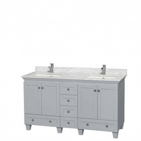 60 inch Double Bathroom Vanity in Oyster Gray, White Carrera Marble Countertop, Undermount Square Sinks, and No Mirrors