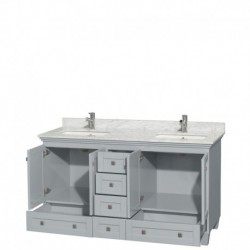60 inch Double Bathroom Vanity in Oyster Gray, White Carrera Marble Countertop, Undermount Square Sinks, and No Mirrors