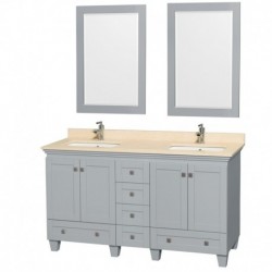 60 inch Double Bathroom Vanity in Oyster Gray, Ivory Marble Countertop, Undermount Square Sinks, and 24 inch Mirrors