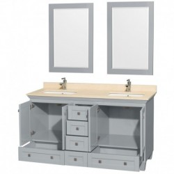 60 inch Double Bathroom Vanity in Oyster Gray, Ivory Marble Countertop, Undermount Square Sinks, and 24 inch Mirrors