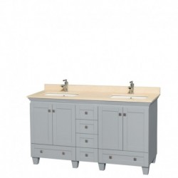 60 inch Double Bathroom Vanity in Oyster Gray, Ivory Marble Countertop, Undermount Square Sinks, and No Mirrors