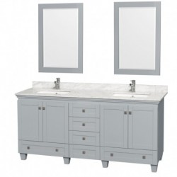 72 inch Double Bathroom Vanity in Oyster Gray, White Carrera Marble Countertop, Undermount Square Sinks, and 24 inch Mirrors