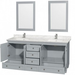 72 inch Double Bathroom Vanity in Oyster Gray, White Carrera Marble Countertop, Undermount Square Sinks, and 24 inch Mirrors