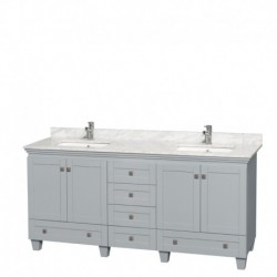 72 inch Double Bathroom Vanity in Oyster Gray, White Carrera Marble Countertop, Undermount Square Sinks, and No Mirrors