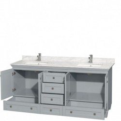 72 inch Double Bathroom Vanity in Oyster Gray, White Carrera Marble Countertop, Undermount Square Sinks, and No Mirrors