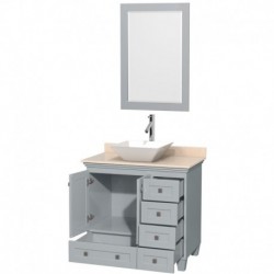 36 inch Single Bathroom Vanity in Oyster Gray, Ivory Marble Countertop, Pyra White Porcelain Sink, and 24 inch Mirror