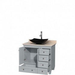 36 inch Single Bathroom Vanity in Oyster Gray, Ivory Marble Countertop, Arista Black Granite Sink, and No Mirror