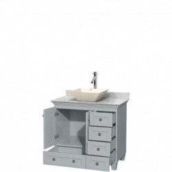 36 inch Single Bathroom Vanity in Oyster Gray, White Carrera Marble Countertop, Pyra Bone Porcelain Sink, and No Mirror