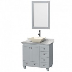 36 inch Single Bathroom Vanity in Oyster Gray, White Carrera Marble Countertop, Pyra Bone Porcelain Sink, and 24 inch Mirror