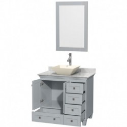 36 inch Single Bathroom Vanity in Oyster Gray, White Carrera Marble Countertop, Pyra Bone Porcelain Sink, and 24 inch Mirror
