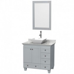 36 inch Single Bathroom Vanity in Oyster Gray, White Carrera Marble Countertop, Pyra White Porcelain Sink, and 24 inch Mirror